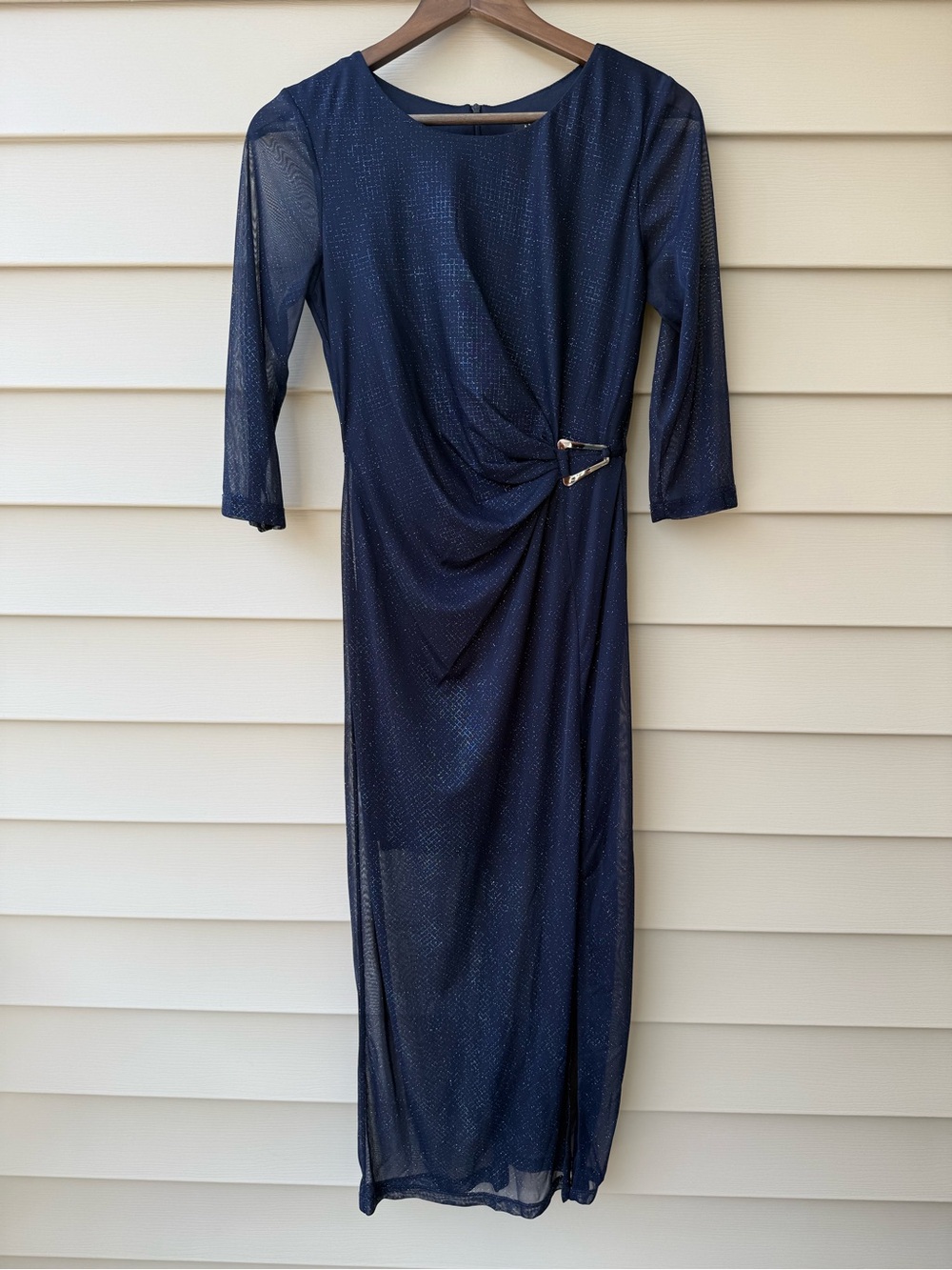 Alexa B Navy Blue Glitter Ruched Maxi Dress Size 6P Petite